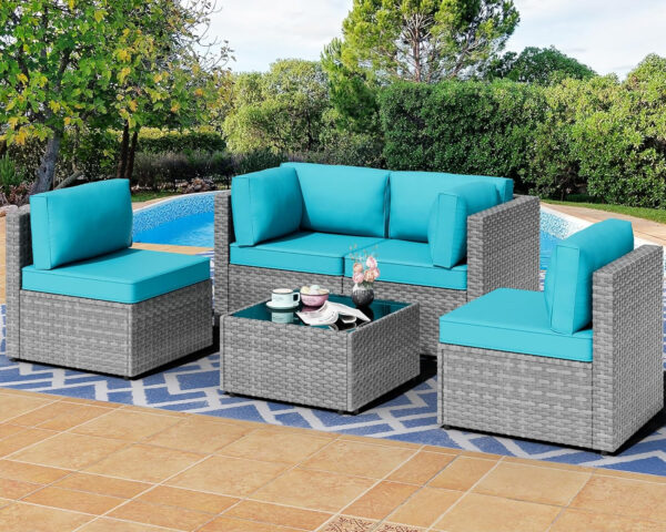 Shintenchi 5 Pieces Outdoor Patio Sectional Sofa Couch, Silver Gray PE Wicker Furniture Conversation Sets with Washable Cushions & Glass Coffee Table for Garden, Poolside, Backyard (Aegean Blue)