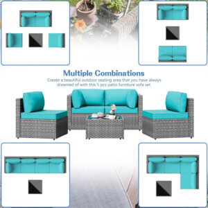 Shintenchi 5 Pieces Outdoor Patio Sectional Sofa Couch, Silver Gray PE Wicker Furniture Conversation Sets with Washable Cushions & Glass Coffee Table for Garden, Poolside, Backyard (Aegean Blue)