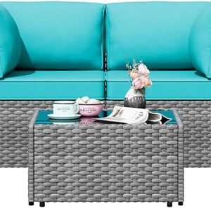 Shintenchi 5 Pieces Outdoor Patio Sectional Sofa Couch, Silver Gray PE Wicker Furniture Conversation Sets with Washable Cushions & Glass Coffee Table for Garden, Poolside, Backyard (Aegean Blue)