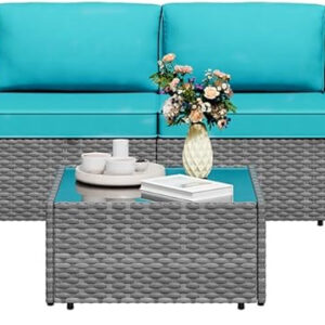 Shintenchi 5 Pieces Outdoor Patio Sectional Sofa Couch, Silver Gray PE Wicker Furniture Conversation Sets with Washable Cushions & Glass Coffee Table for Garden, Poolside, Backyard (Aegean Blue)