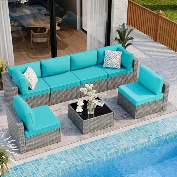 Shintenchi 5 Pieces Outdoor Patio Sectional Sofa Couch, Silver Gray PE Wicker Furniture Conversation Sets with Washable Cushions & Glass Coffee Table for Garden, Poolside, Backyard (Aegean Blue)