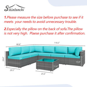 Shintenchi 5 Pieces Outdoor Patio Sectional Sofa Couch, Silver Gray PE Wicker Furniture Conversation Sets with Washable Cushions & Glass Coffee Table for Garden, Poolside, Backyard (Aegean Blue)