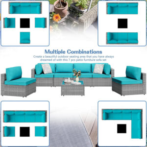 Shintenchi 5 Pieces Outdoor Patio Sectional Sofa Couch, Silver Gray PE Wicker Furniture Conversation Sets with Washable Cushions & Glass Coffee Table for Garden, Poolside, Backyard (Aegean Blue)