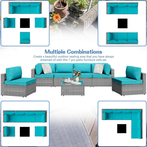 Shintenchi 5 Pieces Outdoor Patio Sectional Sofa Couch, Silver Gray PE Wicker Furniture Conversation Sets with Washable Cushions & Glass Coffee Table for Garden, Poolside, Backyard (Aegean Blue)