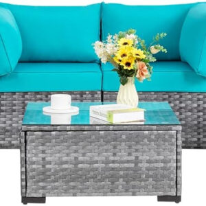 Shintenchi 5 Pieces Outdoor Patio Sectional Sofa Couch, Silver Gray PE Wicker Furniture Conversation Sets with Washable Cushions & Glass Coffee Table for Garden, Poolside, Backyard (Aegean Blue)
