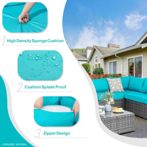 Shintenchi 5 Pieces Outdoor Patio Sectional Sofa Couch, Silver Gray PE Wicker Furniture Conversation Sets with Washable Cushions & Glass Coffee Table for Garden, Poolside, Backyard (Aegean Blue)