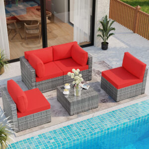 Shintenchi 5 Pieces Outdoor Patio Sectional Sofa Couch, Silver Gray PE Wicker Furniture Conversation Sets with Washable Cushions & Glass Coffee Table for Garden, Poolside, Backyard (Aegean Blue)