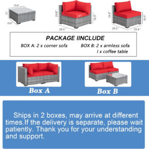 Shintenchi 5 Pieces Outdoor Patio Sectional Sofa Couch, Silver Gray PE Wicker Furniture Conversation Sets with Washable Cushions & Glass Coffee Table for Garden, Poolside, Backyard (Aegean Blue)