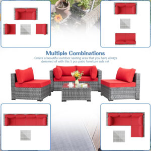 Shintenchi 5 Pieces Outdoor Patio Sectional Sofa Couch, Silver Gray PE Wicker Furniture Conversation Sets with Washable Cushions & Glass Coffee Table for Garden, Poolside, Backyard (Aegean Blue)