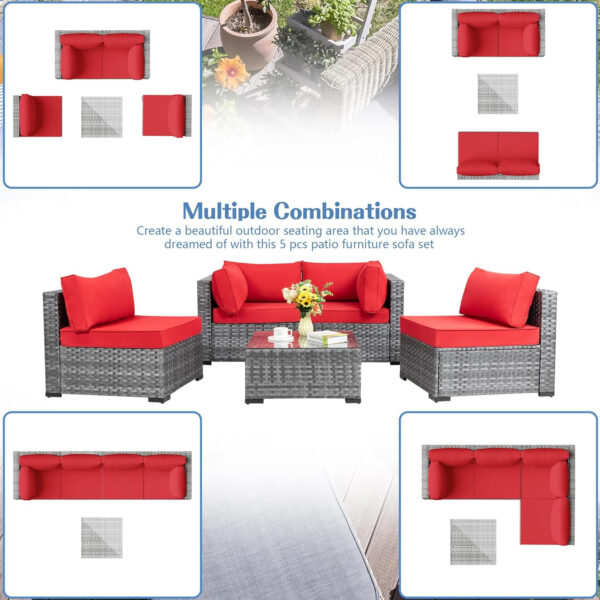 Shintenchi 5 Pieces Outdoor Patio Sectional Sofa Couch, Silver Gray PE Wicker Furniture Conversation Sets with Washable Cushions & Glass Coffee Table for Garden, Poolside, Backyard (Aegean Blue)