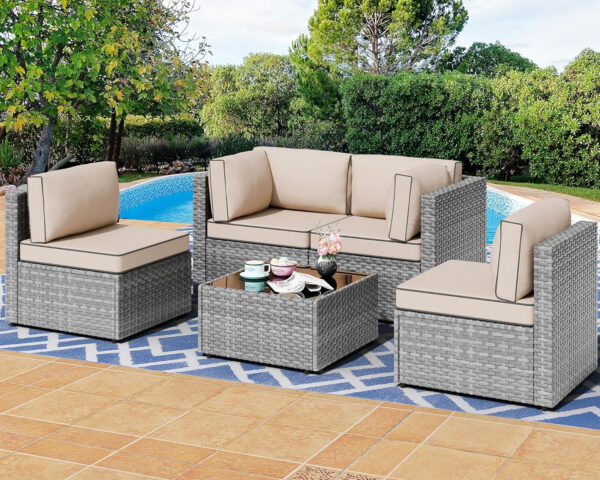 Shintenchi 5 Pieces Outdoor Patio Sectional Sofa Couch, Silver Gray PE Wicker Furniture Conversation Sets with Washable Cushions & Glass Coffee Table for Garden, Poolside, Backyard (Aegean Blue)