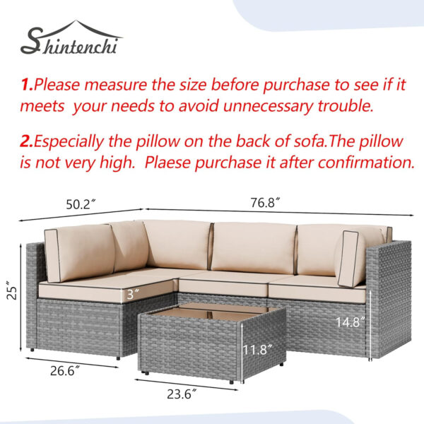 Shintenchi 5 Pieces Outdoor Patio Sectional Sofa Couch, Silver Gray PE Wicker Furniture Conversation Sets with Washable Cushions & Glass Coffee Table for Garden, Poolside, Backyard (Aegean Blue)