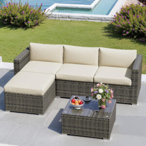 5 Pieces Outdoor Patio Furniture Sets with Glass Tea Table, PE Rattan Wicker Patio Conversation Set with Washable Cushions, Outdoor Patio Sectional Sofa Couch, Beige