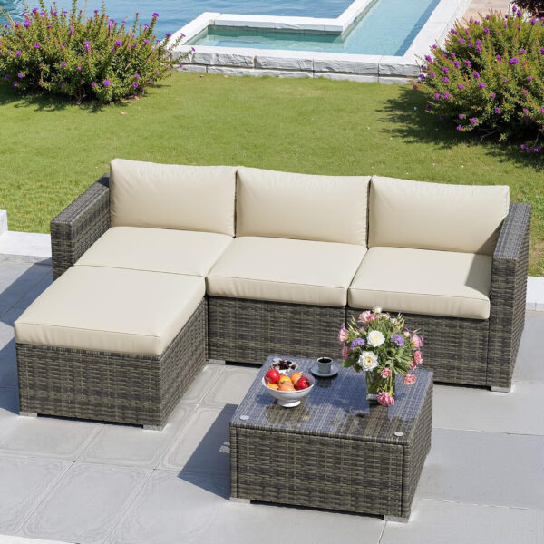 5 Pieces Outdoor Patio Furniture Sets with Glass Tea Table, PE Rattan Wicker Patio Conversation Set with Washable Cushions, Outdoor Patio Sectional Sofa Couch, Beige