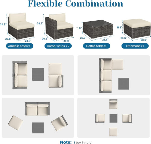5 Pieces Outdoor Patio Furniture Sets with Glass Tea Table, PE Rattan Wicker Patio Conversation Set with Washable Cushions, Outdoor Patio Sectional Sofa Couch, Beige