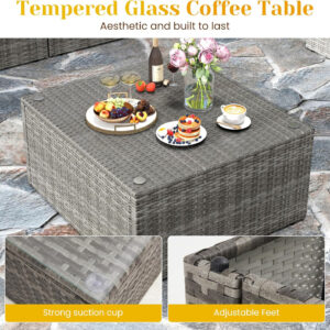 5 Pieces Outdoor Patio Furniture Sets with Glass Tea Table, PE Rattan Wicker Patio Conversation Set with Washable Cushions, Outdoor Patio Sectional Sofa Couch, Beige