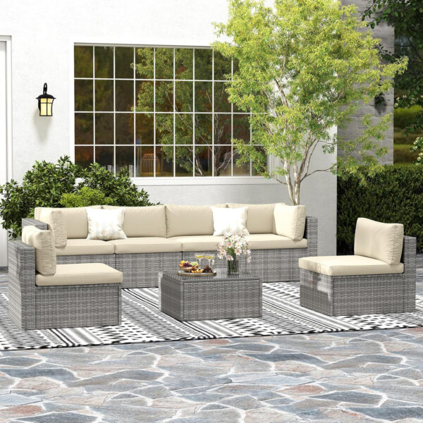5 Pieces Outdoor Patio Furniture Sets with Glass Tea Table, PE Rattan Wicker Patio Conversation Set with Washable Cushions, Outdoor Patio Sectional Sofa Couch, Beige