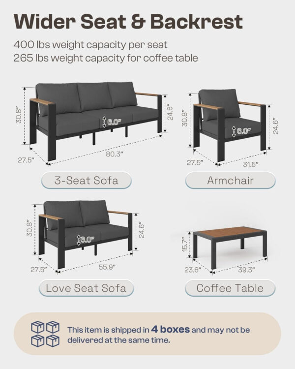 Aluminum Outdoor Patio Furniture Set with Coffee Table, 4 Piece Patio Conversation Sets with Washable Thick Cushions, Patio Sectional Furniture Set for Porch, Balcony, Deck, Silver