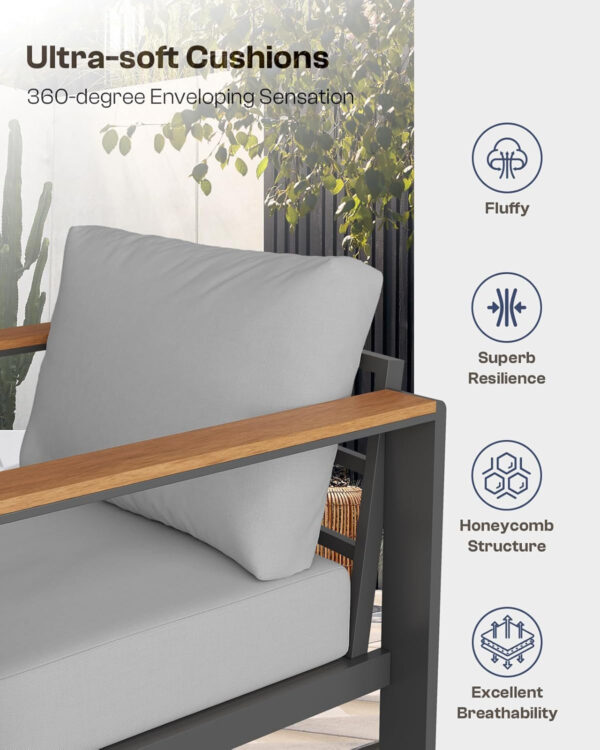 Aluminum Outdoor Patio Furniture Set with Coffee Table, 4 Piece Patio Conversation Sets with Washable Thick Cushions, Patio Sectional Furniture Set for Porch, Balcony, Deck, Silver