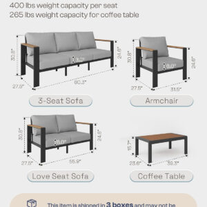 Aluminum Outdoor Patio Furniture Set with Coffee Table, 4 Piece Patio Conversation Sets with Washable Thick Cushions, Patio Sectional Furniture Set for Porch, Balcony, Deck, Silver