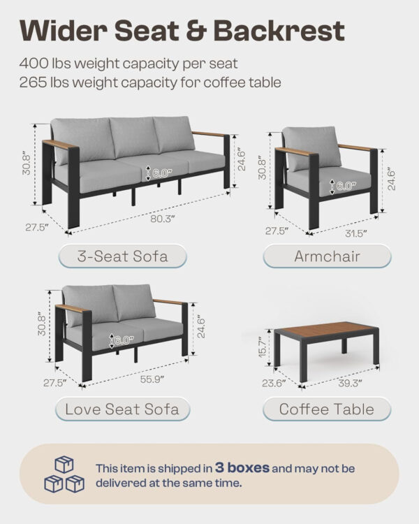 Aluminum Outdoor Patio Furniture Set with Coffee Table, 4 Piece Patio Conversation Sets with Washable Thick Cushions, Patio Sectional Furniture Set for Porch, Balcony, Deck, Silver
