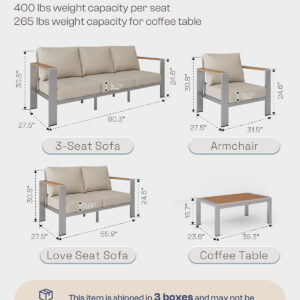 Aluminum Outdoor Patio Furniture Set with Coffee Table, 4 Piece Patio Conversation Sets with Washable Thick Cushions, Patio Sectional Furniture Set for Porch, Balcony, Deck, Silver