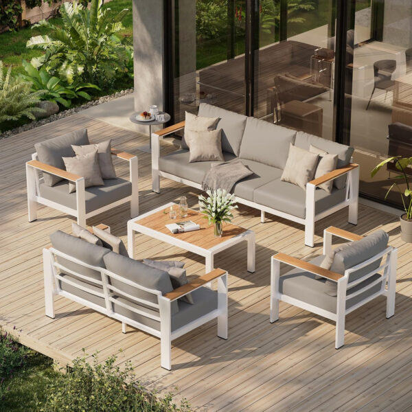 Aluminum Outdoor Patio Furniture Set with Coffee Table, 4 Piece Patio Conversation Sets with Washable Thick Cushions, Patio Sectional Furniture Set for Porch, Balcony, Deck, Silver