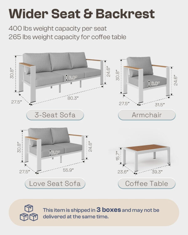 Aluminum Outdoor Patio Furniture Set with Coffee Table, 4 Piece Patio Conversation Sets with Washable Thick Cushions, Patio Sectional Furniture Set for Porch, Balcony, Deck, Silver