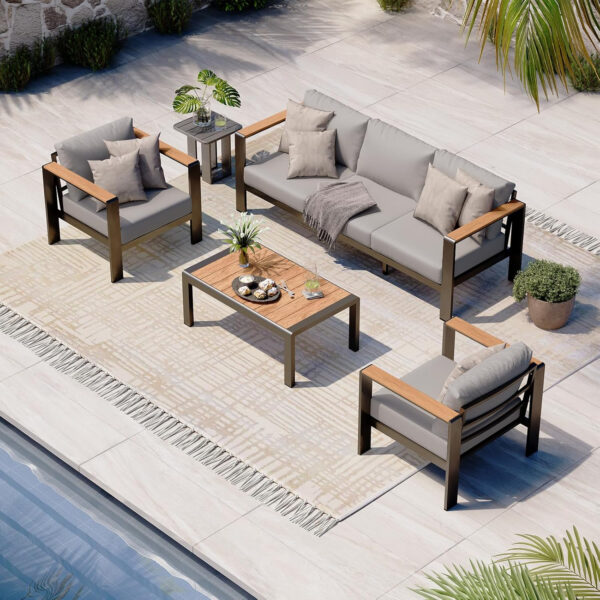 Aluminum Outdoor Patio Furniture Set with Coffee Table, 4 Piece Patio Conversation Sets with Washable Thick Cushions, Patio Sectional Furniture Set for Porch, Balcony, Deck, Silver