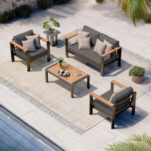 Aluminum Outdoor Patio Furniture Set with Coffee Table, 4 Piece Patio Conversation Sets with Washable Thick Cushions, Patio Sectional Furniture Set for Porch, Balcony, Deck, Silver