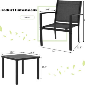 Greesum 3 Pieces Patio Furniture Set Outdoor Conversation Textilene Fabric Chairs for Lawn, Garden, Balcony, Poolside with A Glass Coffee Table, Black