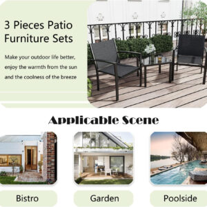 Greesum 3 Pieces Patio Furniture Set Outdoor Conversation Textilene Fabric Chairs for Lawn, Garden, Balcony, Poolside with A Glass Coffee Table, Black