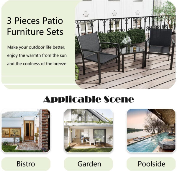 Greesum 3 Pieces Patio Furniture Set Outdoor Conversation Textilene Fabric Chairs for Lawn, Garden, Balcony, Poolside with A Glass Coffee Table, Black