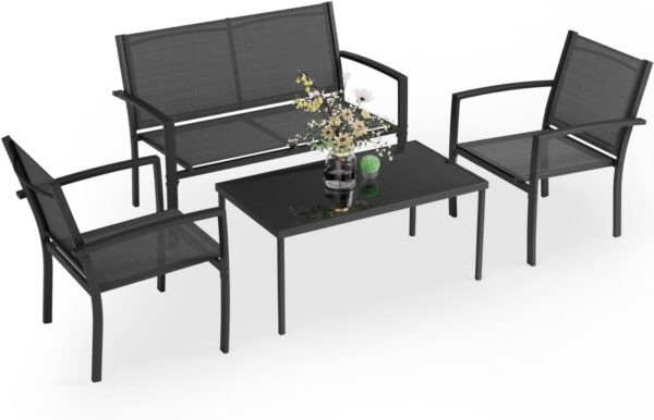 Greesum 3 Pieces Patio Furniture Set Outdoor Conversation Textilene Fabric Chairs for Lawn, Garden, Balcony, Poolside with A Glass Coffee Table, Black