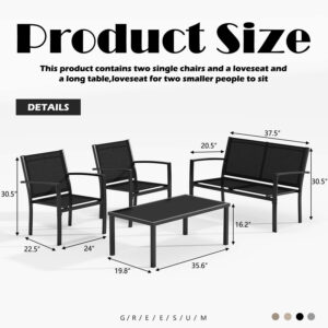 Greesum 3 Pieces Patio Furniture Set Outdoor Conversation Textilene Fabric Chairs for Lawn, Garden, Balcony, Poolside with A Glass Coffee Table, Black