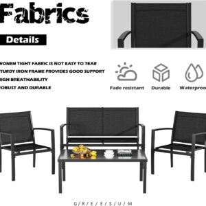 Greesum 3 Pieces Patio Furniture Set Outdoor Conversation Textilene Fabric Chairs for Lawn, Garden, Balcony, Poolside with A Glass Coffee Table, Black