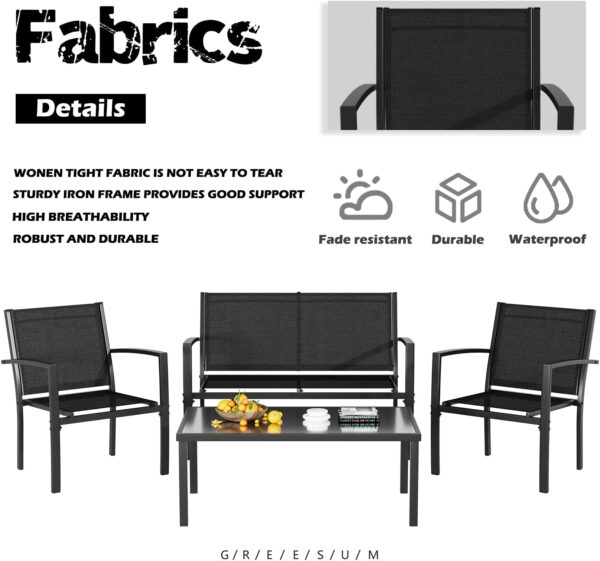 Greesum 3 Pieces Patio Furniture Set Outdoor Conversation Textilene Fabric Chairs for Lawn, Garden, Balcony, Poolside with A Glass Coffee Table, Black