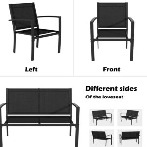 Greesum 3 Pieces Patio Furniture Set Outdoor Conversation Textilene Fabric Chairs for Lawn, Garden, Balcony, Poolside with A Glass Coffee Table, Black