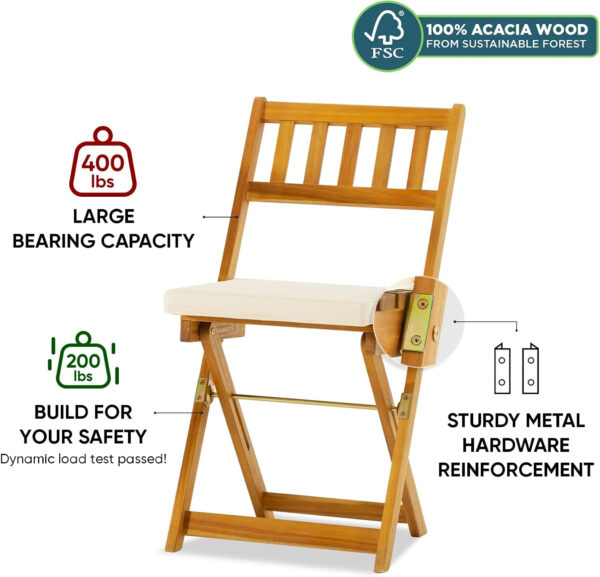 IDZO Heavy Duty 400lbs Capacity Patio Bistro Sets, 3 Piece Outdoor Folding Chairs with Cushions and Square Table, FSC-Certified Acacia Wood, Space-Saving Design for Balcony, Garden and Porch