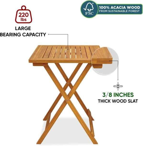 IDZO Heavy Duty 400lbs Capacity Patio Bistro Sets, 3 Piece Outdoor Folding Chairs with Cushions and Square Table, FSC-Certified Acacia Wood, Space-Saving Design for Balcony, Garden and Porch
