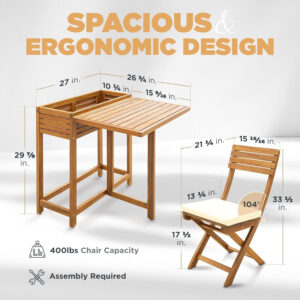 IDZO Heavy Duty 400lbs Capacity Patio Bistro Sets, 3 Piece Outdoor Folding Chairs with Cushions and Square Table, FSC-Certified Acacia Wood, Space-Saving Design for Balcony, Garden and Porch