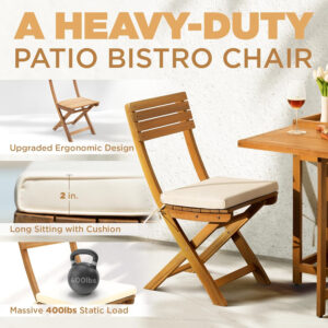 IDZO Heavy Duty 400lbs Capacity Patio Bistro Sets, 3 Piece Outdoor Folding Chairs with Cushions and Square Table, FSC-Certified Acacia Wood, Space-Saving Design for Balcony, Garden and Porch