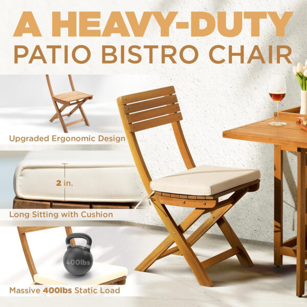 IDZO Heavy Duty 400lbs Capacity Patio Bistro Sets, 3 Piece Outdoor Folding Chairs with Cushions and Square Table, FSC-Certified Acacia Wood, Space-Saving Design for Balcony, Garden and Porch