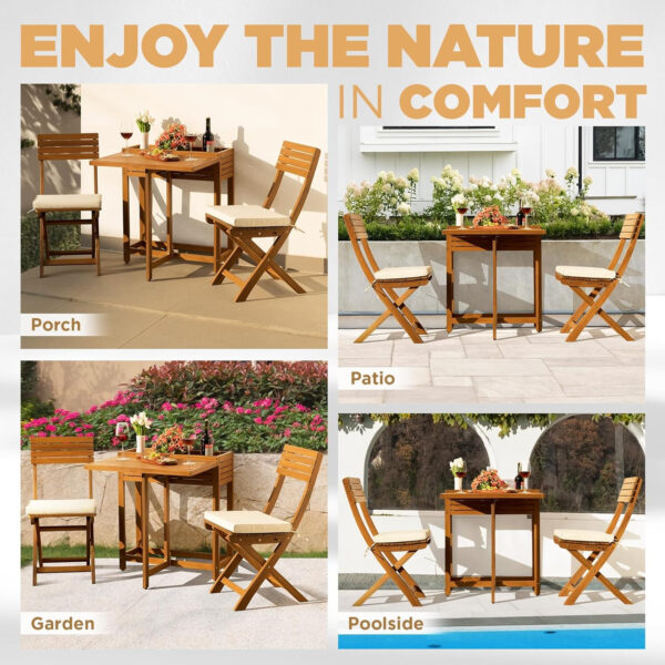 IDZO Heavy Duty 400lbs Capacity Patio Bistro Sets, 3 Piece Outdoor Folding Chairs with Cushions and Square Table, FSC-Certified Acacia Wood, Space-Saving Design for Balcony, Garden and Porch