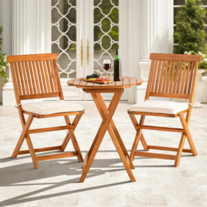 IDZO Heavy Duty 400lbs Capacity Patio Bistro Sets, 3 Piece Outdoor Folding Chairs with Cushions and Square Table, FSC-Certified Acacia Wood, Space-Saving Design for Balcony, Garden and Porch