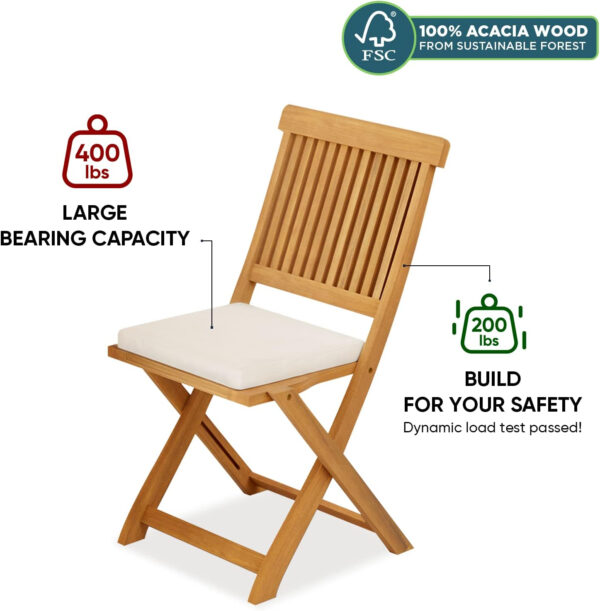 IDZO Heavy Duty 400lbs Capacity Patio Bistro Sets, 3 Piece Outdoor Folding Chairs with Cushions and Square Table, FSC-Certified Acacia Wood, Space-Saving Design for Balcony, Garden and Porch