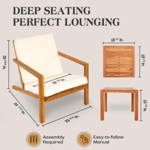 IDZO Heavy Duty 400lbs Capacity Patio Bistro Sets, 3 Piece Outdoor Folding Chairs with Cushions and Square Table, FSC-Certified Acacia Wood, Space-Saving Design for Balcony, Garden and Porch