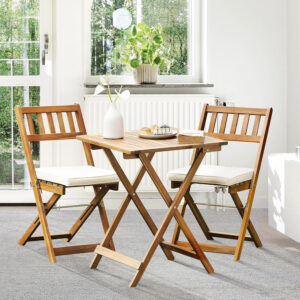 IDZO Heavy Duty 400lbs Capacity Patio Bistro Sets, 3 Piece Outdoor Folding Chairs with Cushions and Square Table, FSC-Certified Acacia Wood, Space-Saving Design for Balcony, Garden and Porch