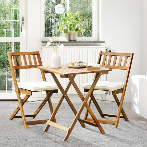 IDZO Heavy Duty 400lbs Capacity Patio Bistro Sets, 3 Piece Outdoor Folding Chairs with Cushions and Square Table, FSC-Certified Acacia Wood, Space-Saving Design for Balcony, Garden and Porch