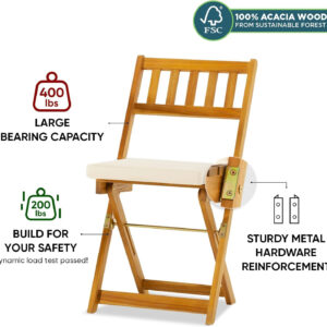 IDZO Heavy Duty 400lbs Capacity Patio Bistro Sets, 3 Piece Outdoor Folding Chairs with Cushions and Square Table, FSC-Certified Acacia Wood, Space-Saving Design for Balcony, Garden and Porch